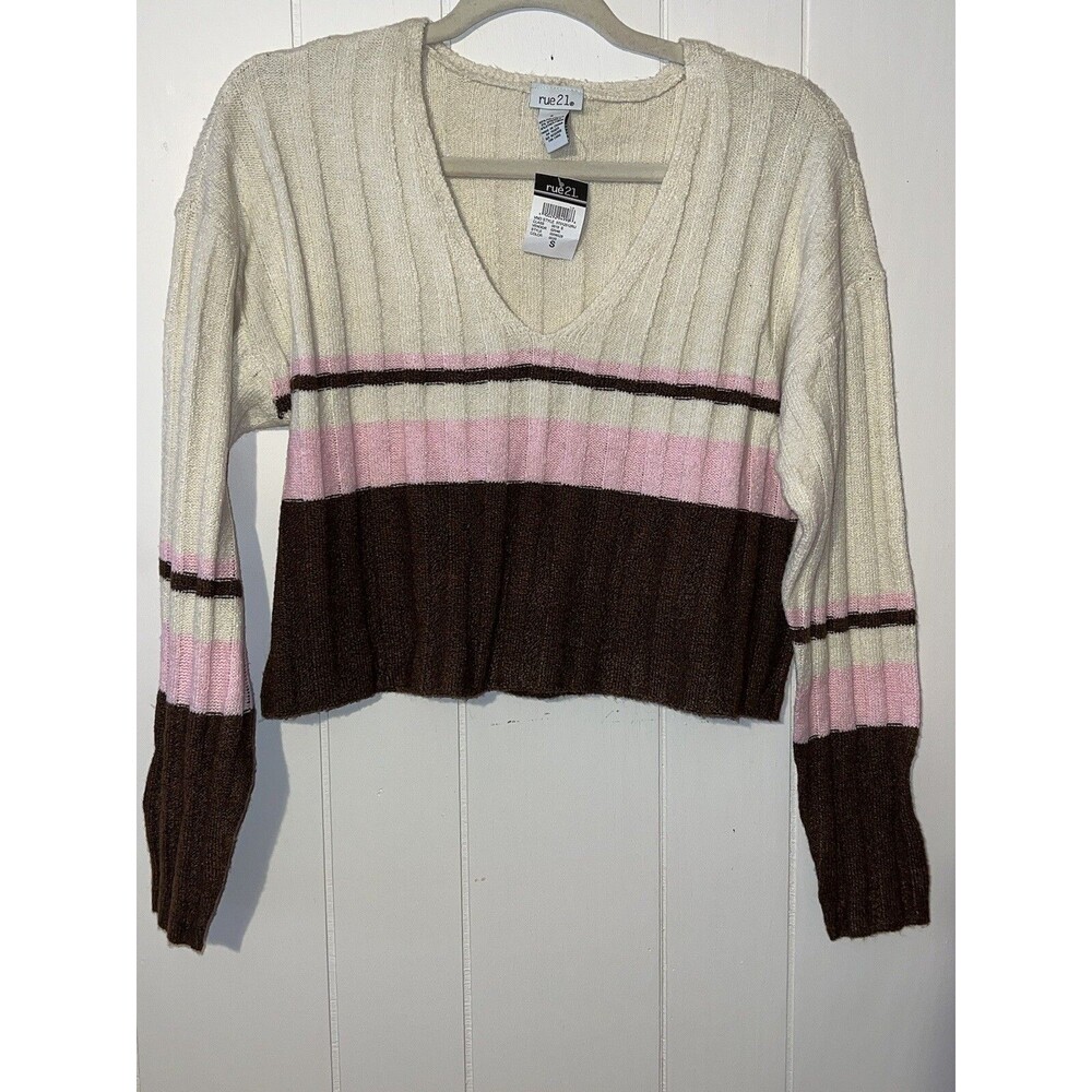 Rue21 Junior’s Lightweight Knit V-neck Cropped Sweater Size Small- Pink, Brown